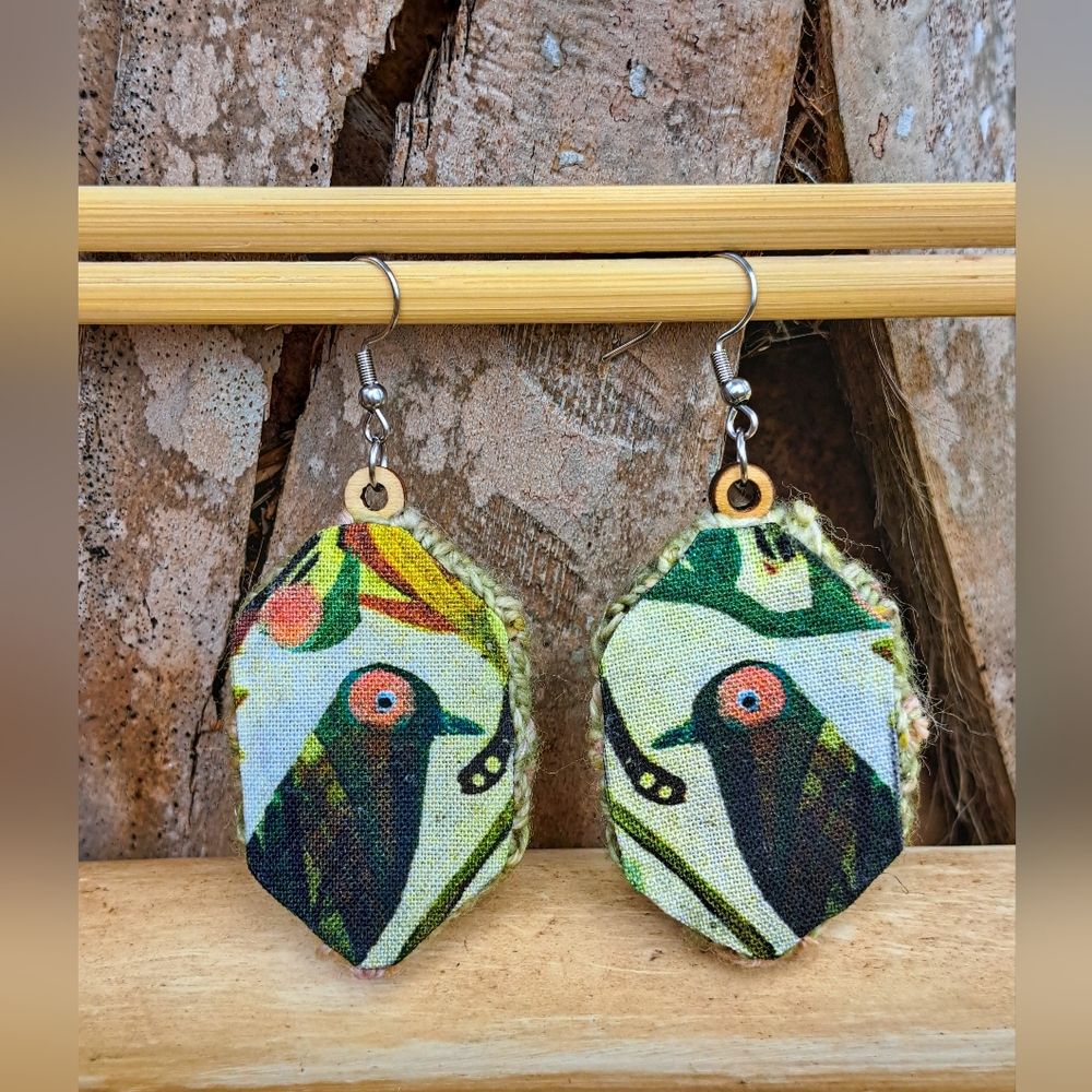 Green Knit Hexagon Earrings with Hand Embroidery Elements and a Bird-Shaped Bead - Picture 5 of 16